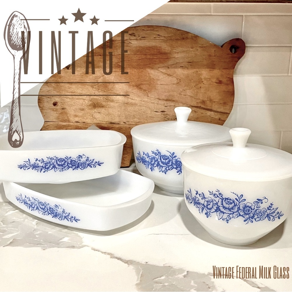 6pc Vintage Federal Milk Glass